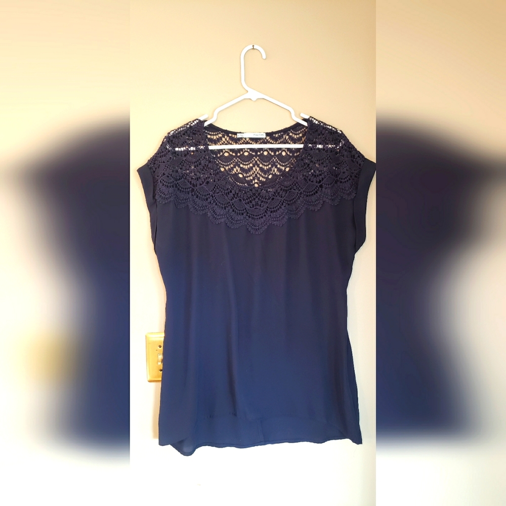 Navy Blue dressy Lace slit back Top